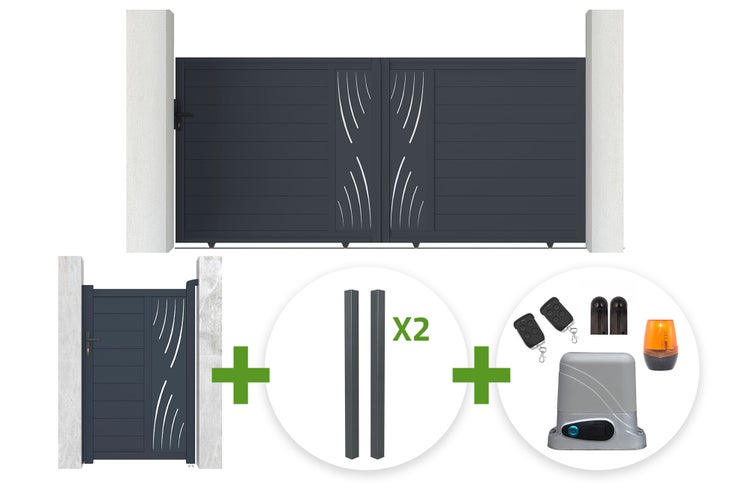 Set aus Aluminium-Schiebetor, Gartentür, zwei Pfosten und elektrischem Torantrieb mit Fernbedienungen und Warnleuchte in Anthrazit.