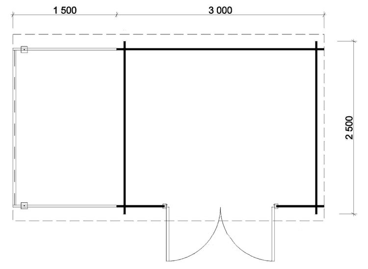 Grundriss eines Gartenhauses mit den Maßen 1500 x 3000 x 2500.