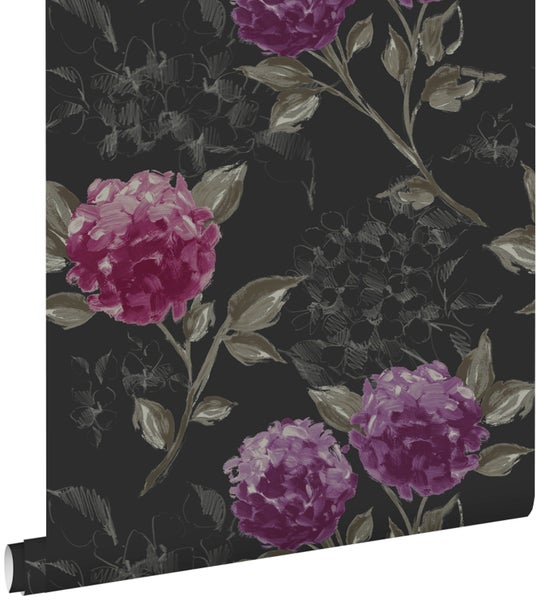 ESTAhome Tapete Hortensien Schwarz und Aubergineviolett - 53 cm x 10.05 m - 128025