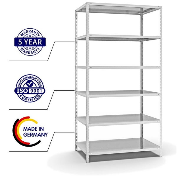 PROREGAL Fachbodenregal Schraubsystem Heavy-Duty Grundregal HxBxT 250 x 130 x 80 cm 6 Ebenen Fachlast 350 kg Beidseitig Nutzbar Lichtgrau