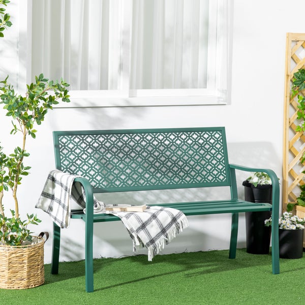 Outsunny Gartenbank Stahl, 2-Sitzer Parkbank mit Rückenlehne & Armlehne, Sitzbank mit Blumenmuster, 127 x 63 x 83 cm, Stahl, Dunkelgrün