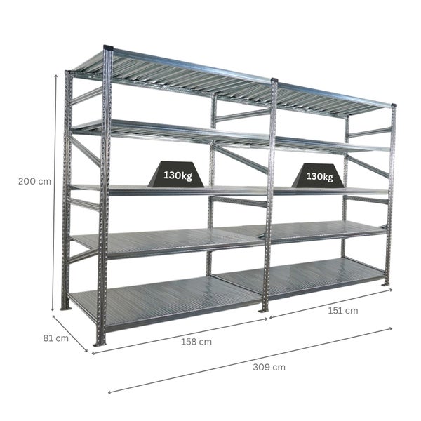 Abmessungen eines Stahlregals mit fünf Ebenen und einer maximalen Belastbarkeit von 130 kg pro Ebene.