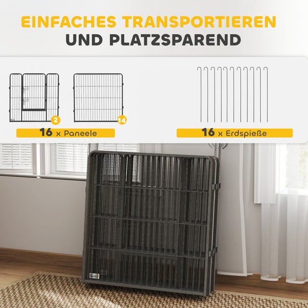 Platzsparend zusammenklappbares Freilaufgehege aus Metall mit 16 Paneelen und 16 Erdspießen für einfachen Transport.