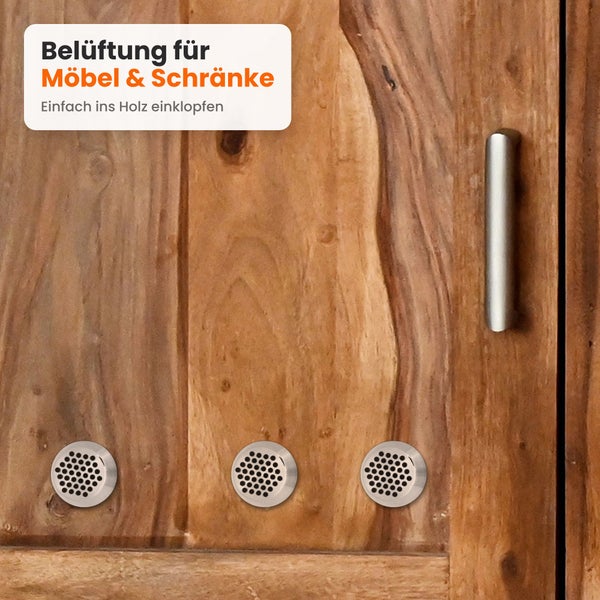 Drei runde Lüftungsgitter zum Einlassen in eine Holztür eines Schranks zur Belüftung von Möbeln.