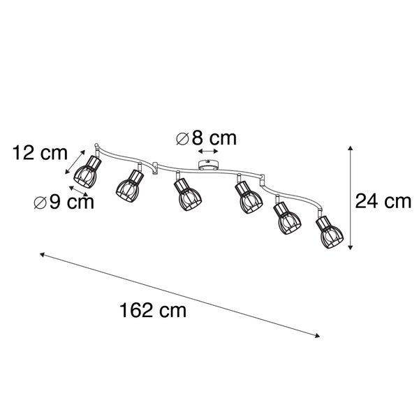 Technische Zeichnung einer Deckenleuchte mit sechs Strahlern und Maßangaben