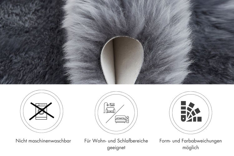 Kunstfell Teppich mit weicher Struktur. Piktogramme zeigen Nicht maschinenwaschbar, für Wohn- und Schlafbereiche geeignet und Formabweichungen.