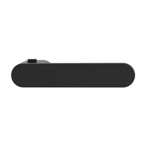 Seitenansicht einer dunkelgrauen, länglichen Smart-Lock-Komponente mit abgerundeten Enden und einem kleinen Knopf auf der Oberseite.