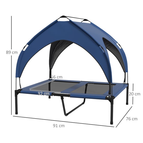 PawHut Erhöhtes Hundebett mit Baldachin, Haustierbett, Outdoor Hundeliege mit Dach, Atmungsaktiv, für große Hunde Dunkelblau Oxford 91 x 76 x 89 cm