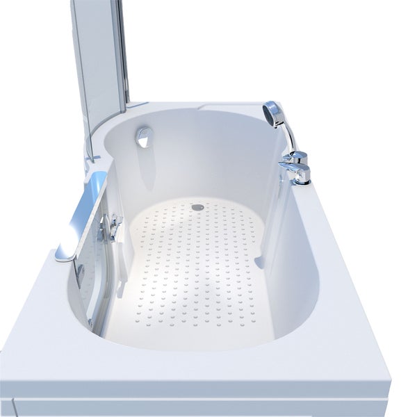 Seniorenbadewanne mit integrierter Einstiegstür, Handbrause, Armatur und rutschhemmendem Boden.