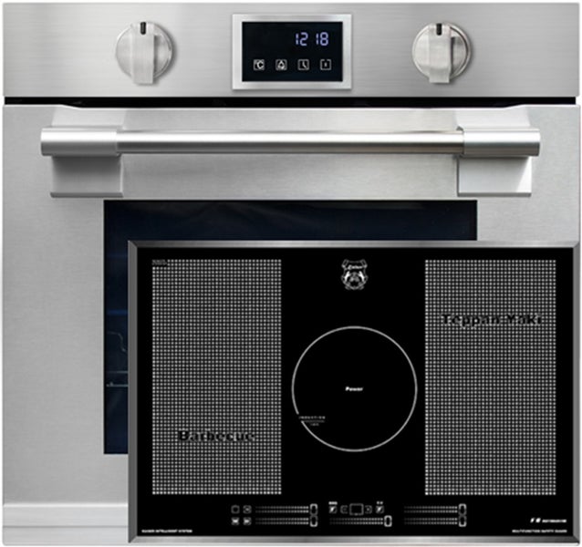 Einbau-Backofen mit Edelstahlfront und separat abgebildetem Induktionskochfeld mit Barbecue- und Teppanyaki-Funktion.