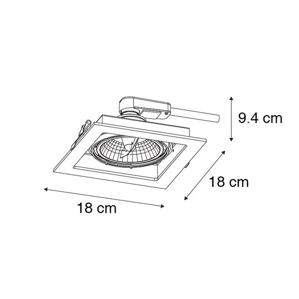 Maßskizze für quadratischen Einbaustrahler, Breite 18 Zentimeter, Länge 18 Zentimeter, Tiefe 9,4 Zentimeter.