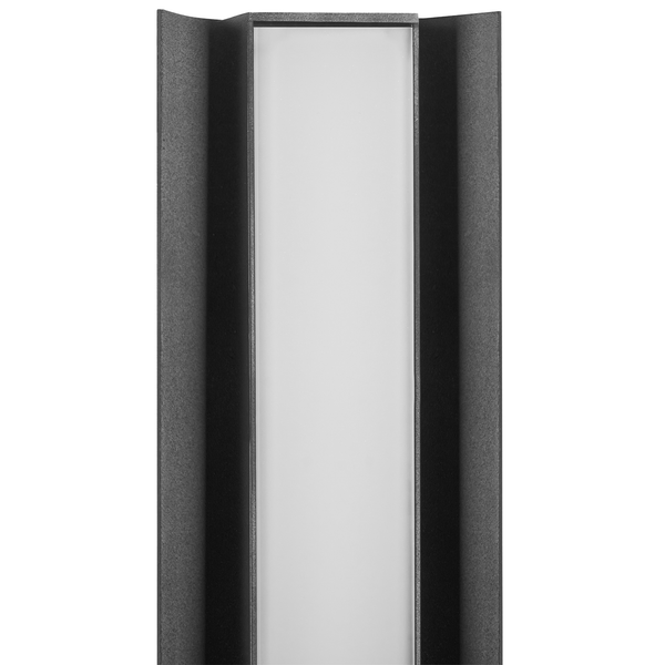 Moderne, rechteckige Außenwandleuchte mit dunklem Metallrahmen und weißem Diffusor in vertikaler Ausrichtung.