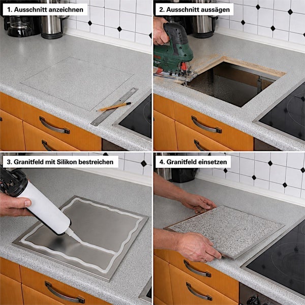 Anleitung in vier Schritten zum Einbau eines Granitfeldes in eine Küchenarbeitsplatte inklusive Anzeichnen, Aussägen, Silikonauftrag und Einsetzen.