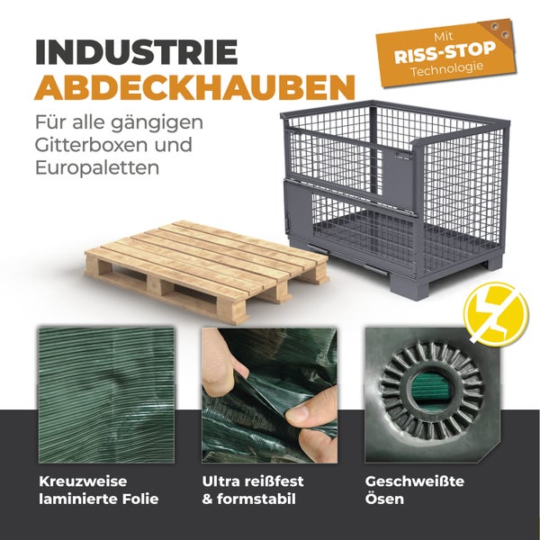 Industrie-Abdeckhaube für Gitterboxen und Europaletten mit reißfester kreuzweise laminierter Folie und geschweißten Ösen.