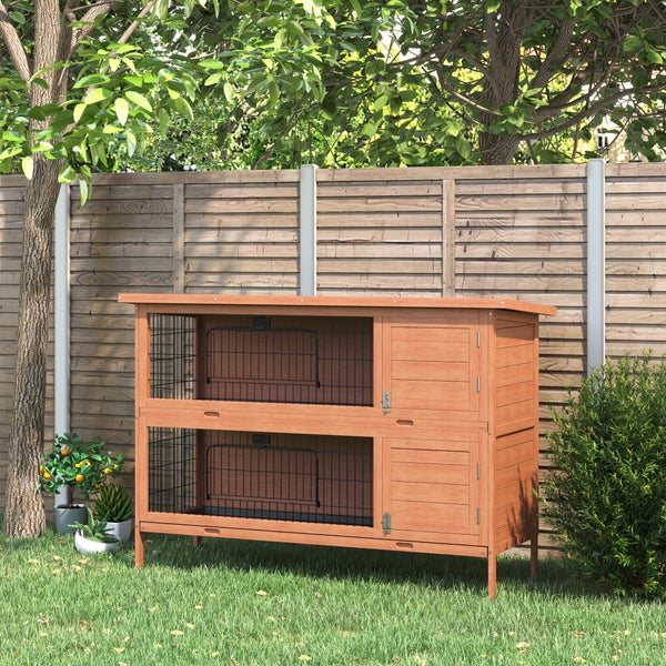PawHut Kleintierstall Kleintierkäfig Kleintierhaus Meerschweinchenstall doppelstöckig Tannenholz Orange 136,4 cm x 50 cm x 93 cm