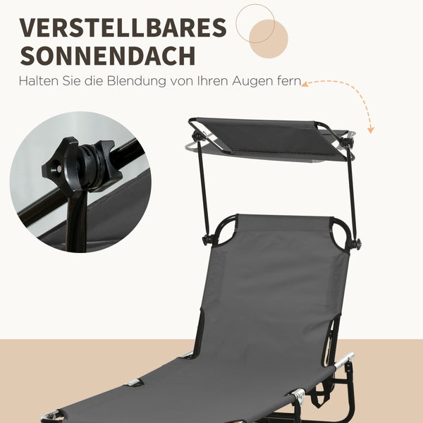 Graue Gartenliege mit verstellbarem Sonnendach und Detailansicht der Feststellschraube am schwarzen Metallrahmen.