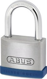 ABUS Vorhangschloss Silver Rock aus Zink mit gehärtetem Stahlbügel, Nano Protect Beschichtung und blauem Kantenschutz, ABUS Logo.