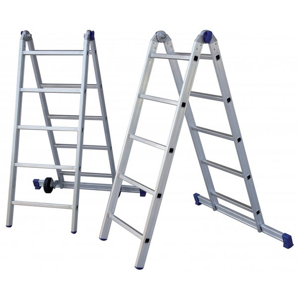 Aluminium-Mehrzweckleitern, teleskopierbar, freistehend, mit Quertraverse und Rollen.