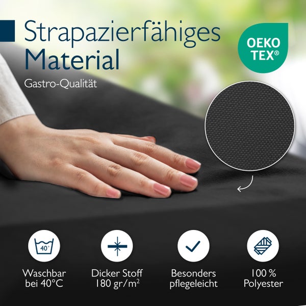 Strapazierfähiges Material, OEKO-TEX Logo, waschbar bei 40 Grad, dicker Stoff 180 Gramm pro Quadratmeter, pflegeleicht, 100 Prozent Polyester.