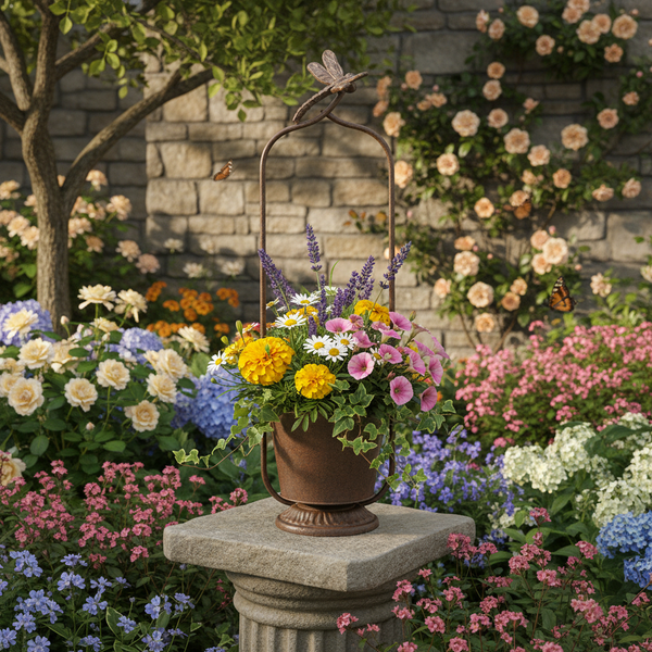 Dekorativer Metall-Pflanztopf mit Henkel und Schmetterlings-Ornament auf einem Steinpodest, bepflanzt mit Blumen in einem hellen, blühenden Garten.