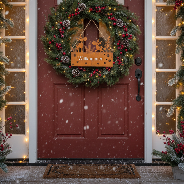 Weihnachtskranz mit Willkommen Schild an einer roten Haustür, festlich dekoriert mit Lichterketten und winterlicher Dekoration bei Schneefall.