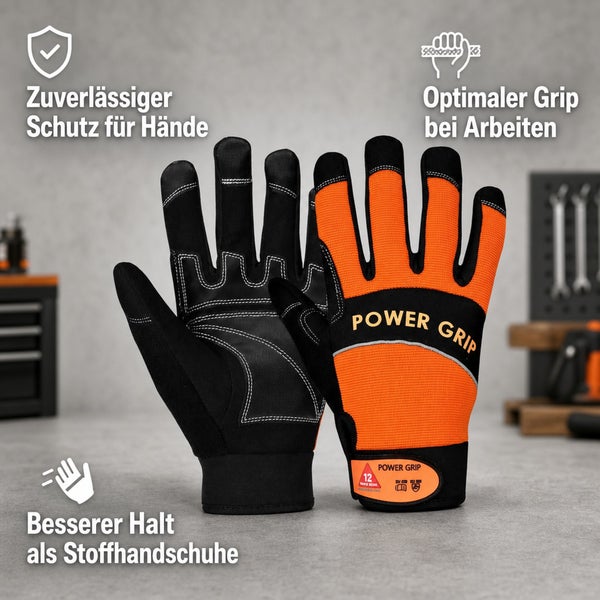 Ein Paar Arbeitshandschuhe mit Power Grip Aufdruck und schützenden Handinnenflächen vor einem Werkstatt Hintergrund.