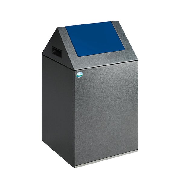 VAR Wertstoffsammler aus Stahl mit Schrägdach und blauer Einwurfklappe.