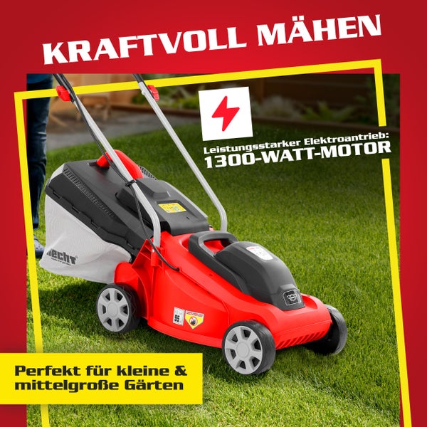 Roter Rasenmäher mit Elektroantrieb und Fangkorb auf Rasenfläche
