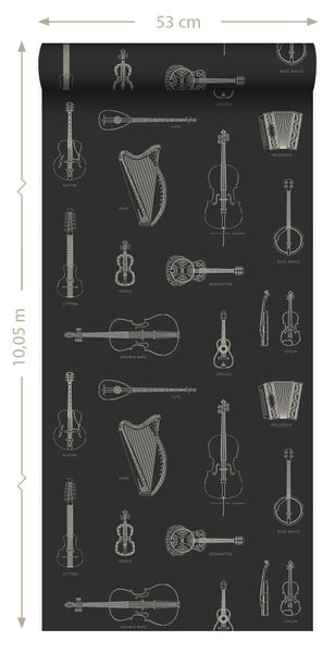 Tapete mit Illustrationen verschiedener Musikinstrumente, 53 cm breit und 10,05 m lang