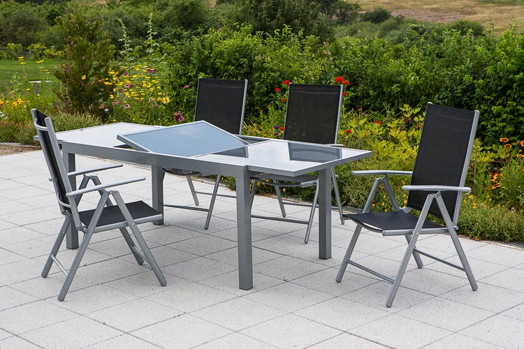 Amalfi Gartenmöbelset 5tlg., 4 Klappsessel, Ausziehtisch 140 (200) x 90 cm, schwarz