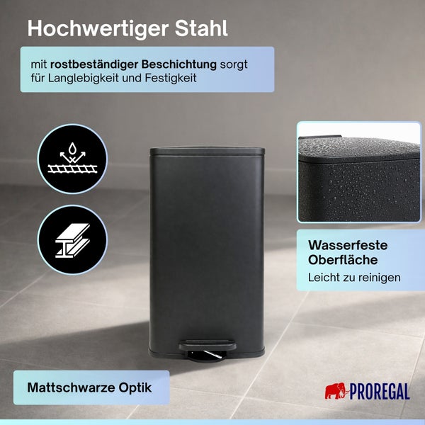 Mattschwarzer Treteimer aus rostbeständigem Stahl mit wasserfester Oberfläche und hoher Festigkeit. Proregal Logo.