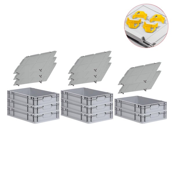 PROREGAL Spar Set 8x Eurobox Nextgen Economy Mit Auflagedeckel & 4x Schiebeschnappverschlüsse Gelb Griffe Geschlossen HxBxT 12 x 40 x 60 cm 23 Liter