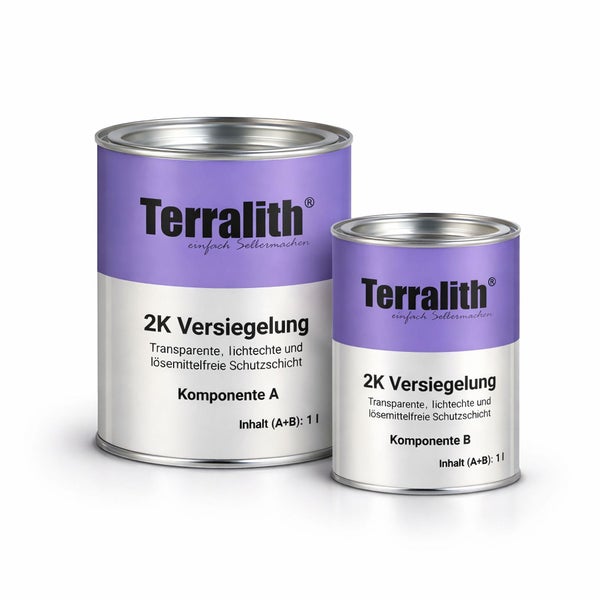 Terralith 2-Komponenten-Versiegelung, zwei Metalldosen für Komponente A und B, transparente Schutzschicht, Gesamtinhalt 1 Liter.