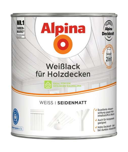 Alpina Weißlack für Holzdecken seidenmatt weiß, 2-in-1 Lack und Grundierung, Blauer Engel zertifiziert, für ein gesundes Raumklima.