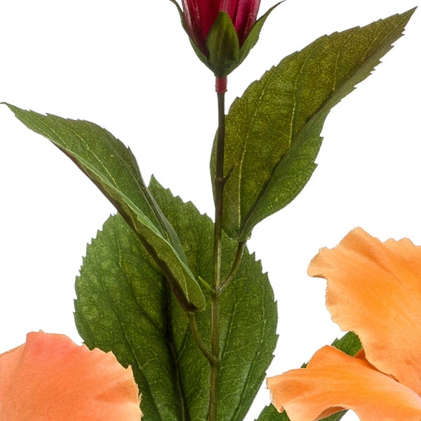 Künstlicher Hibiskuszweig mit drei apricotfarbenen Blüten, Knospen und grünen Blättern.