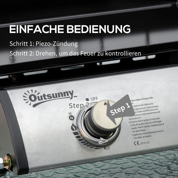 Outsunny Gasgrill, Tischgrill, BBQ mit 2 Brennern, mit Schlauch, Antihaft-Grillplatte, 48,5 x 46 x 21 cm, Edelstahl+Metall, Silber