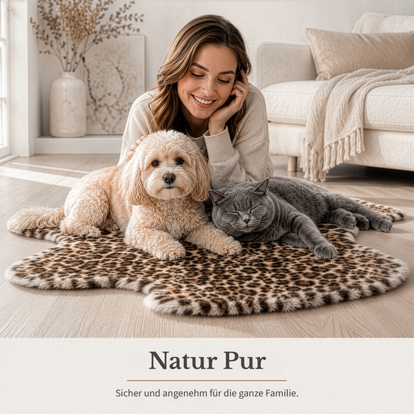 Frau mit Hund und Katze auf einem Kunstfellteppich im Leoparden-Design in einem hellen, modern eingerichteten Wohnzimmer.