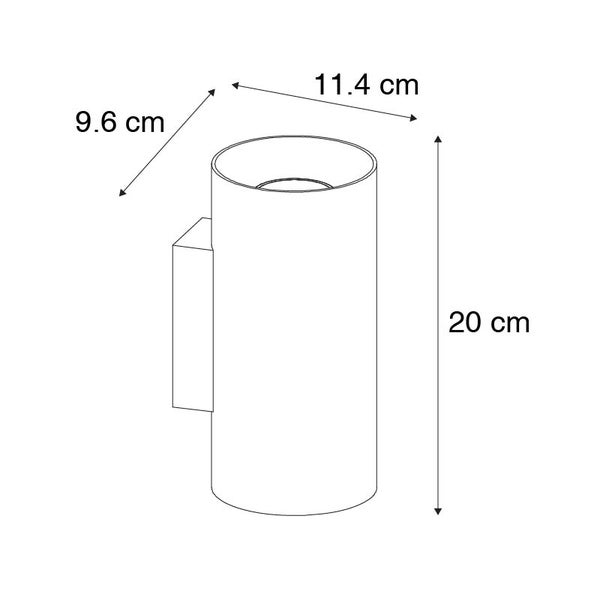 Technische Zeichnung einer Wandleuchte mit den Maßen 9,6 cm, 11,4 cm und 20 cm.