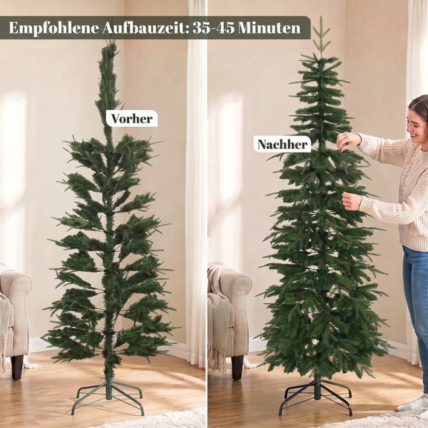 Vergleichsbild eines kuenstlichen Weihnachtsbaums beim Aufbau mit empfohlener Aufbauzeit von 35 bis 45 Minuten.