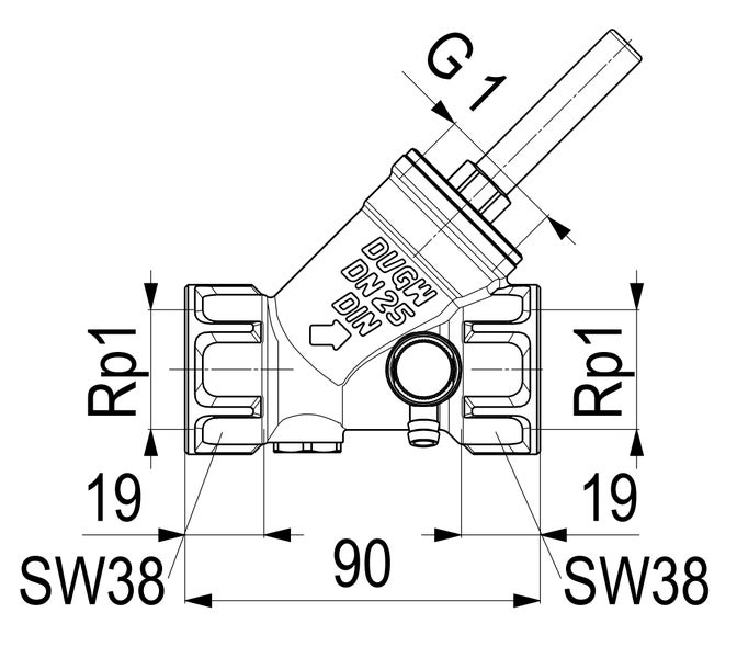 Technische Zeichnung Schrägsitzventil Nennweite 25: Baulänge 90 Millimeter, Gewinde Rp 1 Zoll und G 1 Zoll, Schlüsselweite 38 Millimeter.