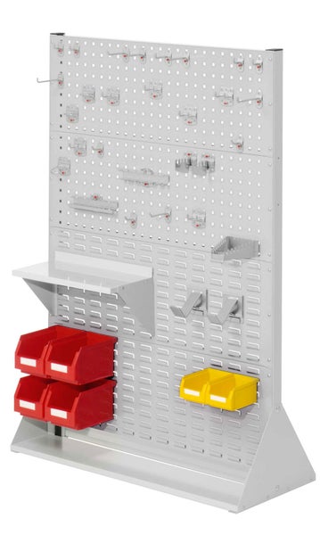 Werkzeugwand mit Haken, Regalböden und Aufbewahrungsboxen für Werkstattbedarf