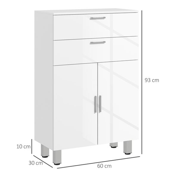kleankin Badezimmerschrank Beistellschrank mit 2 Hochglanzweiß Schubladen, Tür, Badschrank mit Verstellbarem Regal, Aufbewahrungsschrank für Wohnzimmer 60 x 30 x 93 cm