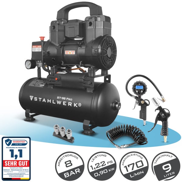 Stahlwerk ST-98 Pro Flüsterkompressor mit 9 Liter Tank, 8 bar Arbeitsdruck, 0,90 Kilowatt Leistung und Zubehörset.