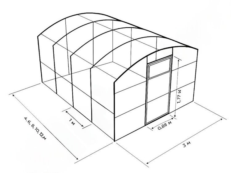 Technische Zeichnung eines Gewächshauses mit Größenangaben