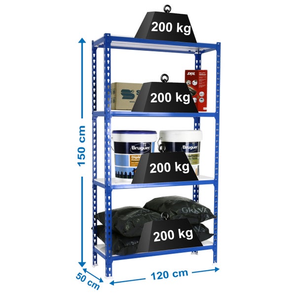 Schwerlastregal MID METAL SHARK | HxBxT 150x120x50cm | Fachlast 200kg | Blau-Weiß