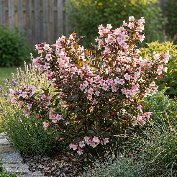 Weigela-Strauch mit vielen rosa trichterförmigen Blüten und dunklen Blättern im Garten.