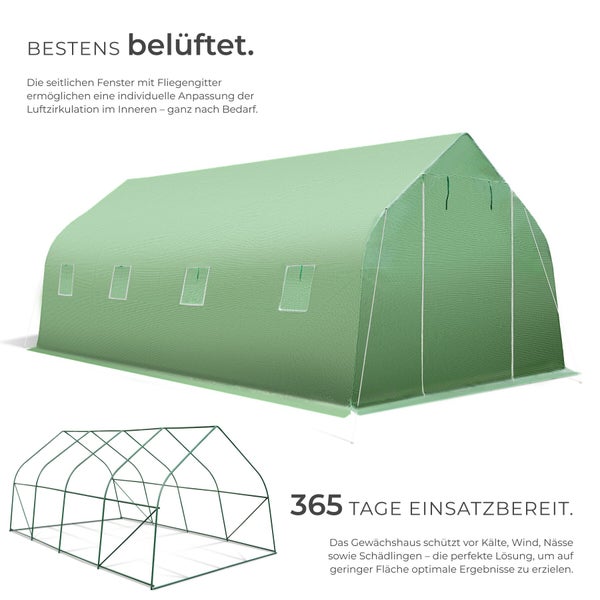 Folien-Gewächshaus mit seitlichen Fenstern und Fliegengitter sowie ein abgebildetes Metall-Grundgerüst zur Veranschaulichung der Konstruktion.
