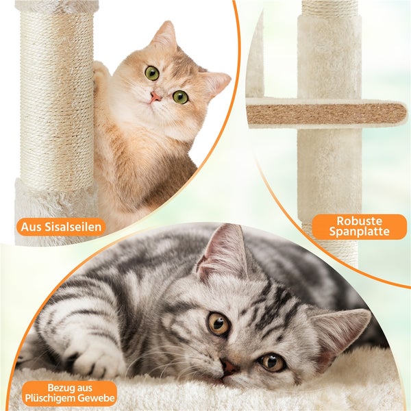 Katzenkratzbaum mit Sisalseilen, robuster Spanplatte und Bezug aus plüschigem Gewebe