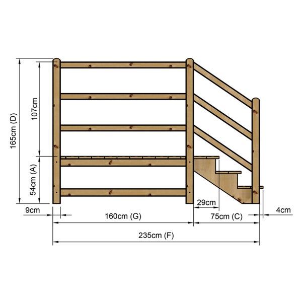 Technische Zeichnung einer Holztreppe mit Maßangaben
