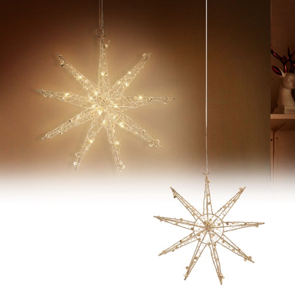 ECD Germany LED Deko Weihnachtsstern 30cm mit 30 warmweißen LEDs, Gold, batteriebetrieben, Metall, Weihnachten Schneeflocke zum Aufhängen mit Beleuchtung & Timer, Innen, Weihnachtsdeko Fensterdeko